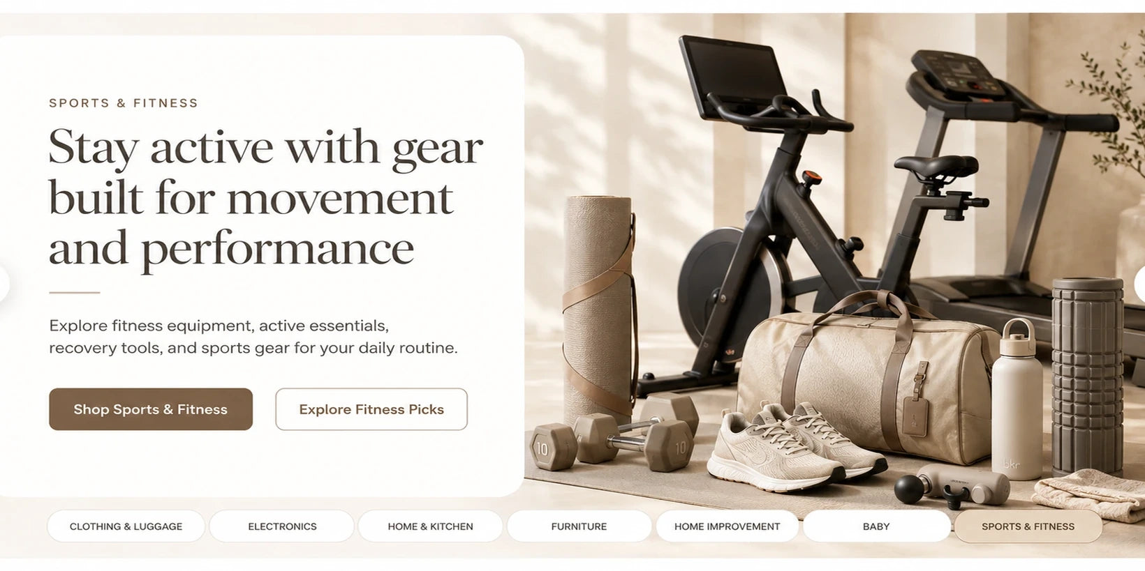 AI generated warm white hero slide for sports and fitness with exercise bike, treadmill, yoga mat, dumbbells, shoes, duffel, water bottle, and recovery tools