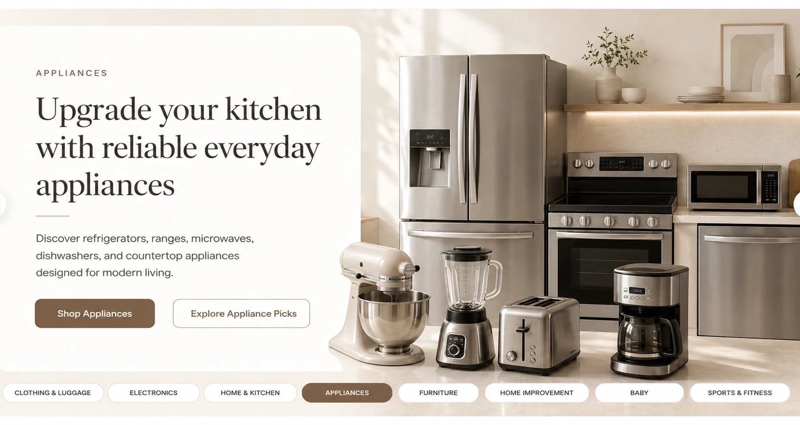 AI generated warm white hero slide for appliances with refrigerator, range, microwave, dishwasher, stand mixer, blender, toaster, and coffee machine